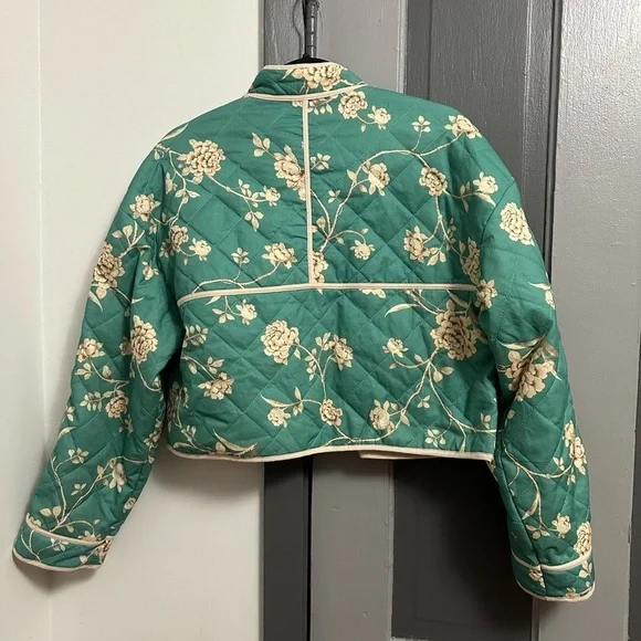 7 For All Mankind Quilted Crop Floral Print Jacket Jade Green - Picture 4 of 10